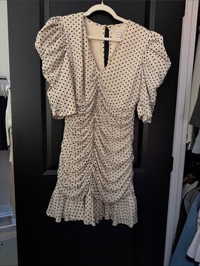 Maeve Cream Polka Dot Ruched Midi Dress with Puff Sleeves